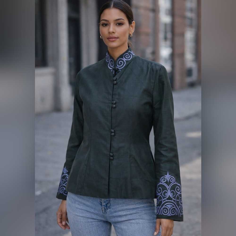 Hien Silk | Elegant Green Silk Top wBlue Accents | Size L (fits like M)